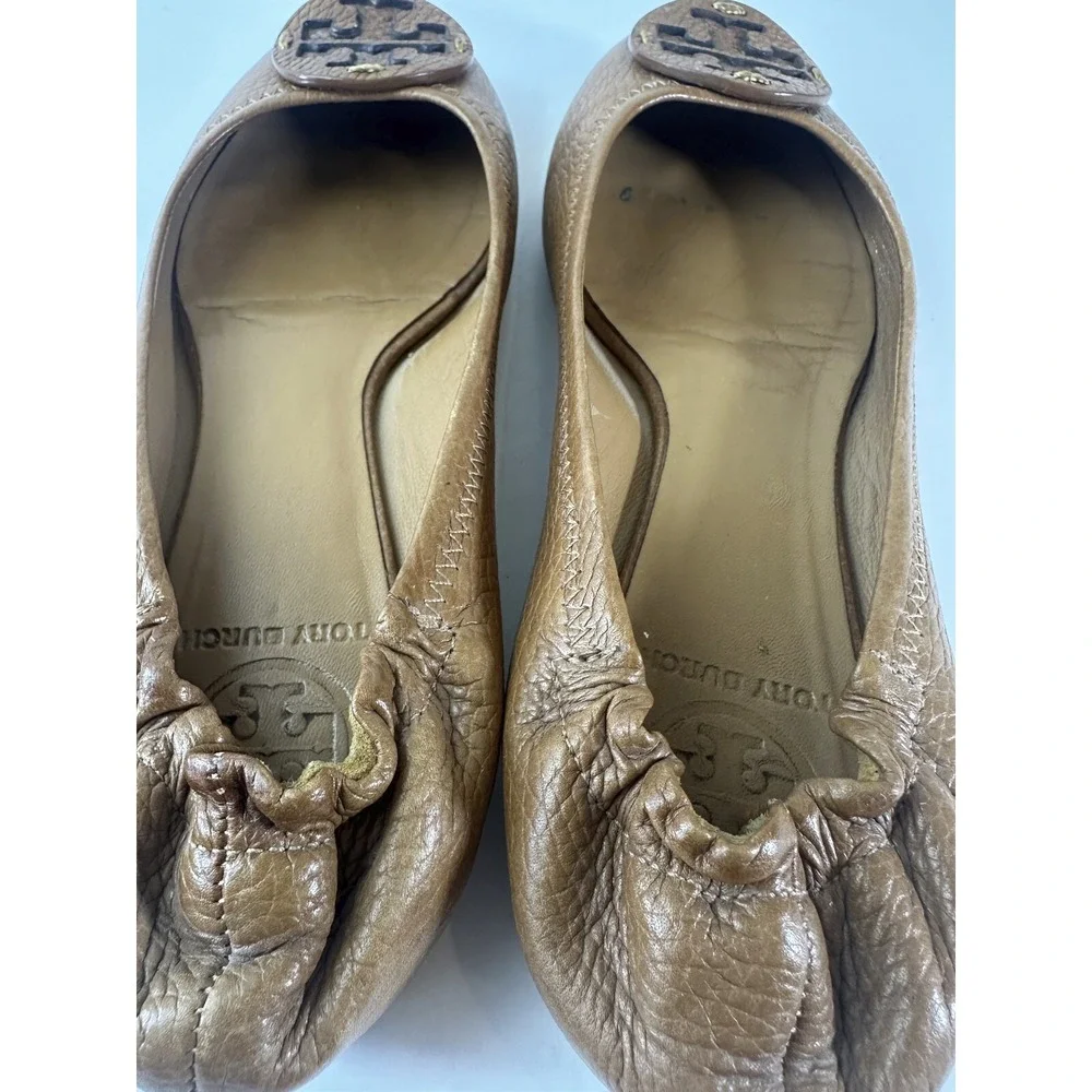 Tory Burch Reva Pebbled Leather Ballet Flats Royal Tan Camel Women Shoe Size 7M - Picture 9 of 15